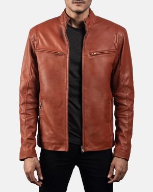 Men's Ionic Tan Brown Leather Biker Jacket